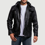 Men's Moulder Hooded Schwarz Lederjacke für Herren in Black Cowhide Leather - Vorderansicht &amp; maßgeschneiderte Silhouette | Online Kaufen