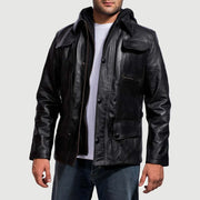 Black Cowhide Leather Hooded Jacket - Rückansicht mit passgenauen Schultern &amp; sauberem Saum