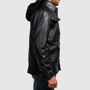 Detailansicht of Shirt &amp; Zipper with Button Flap Hardware on Men's Moulder Hooded Schwarz Lederjacke für Herren