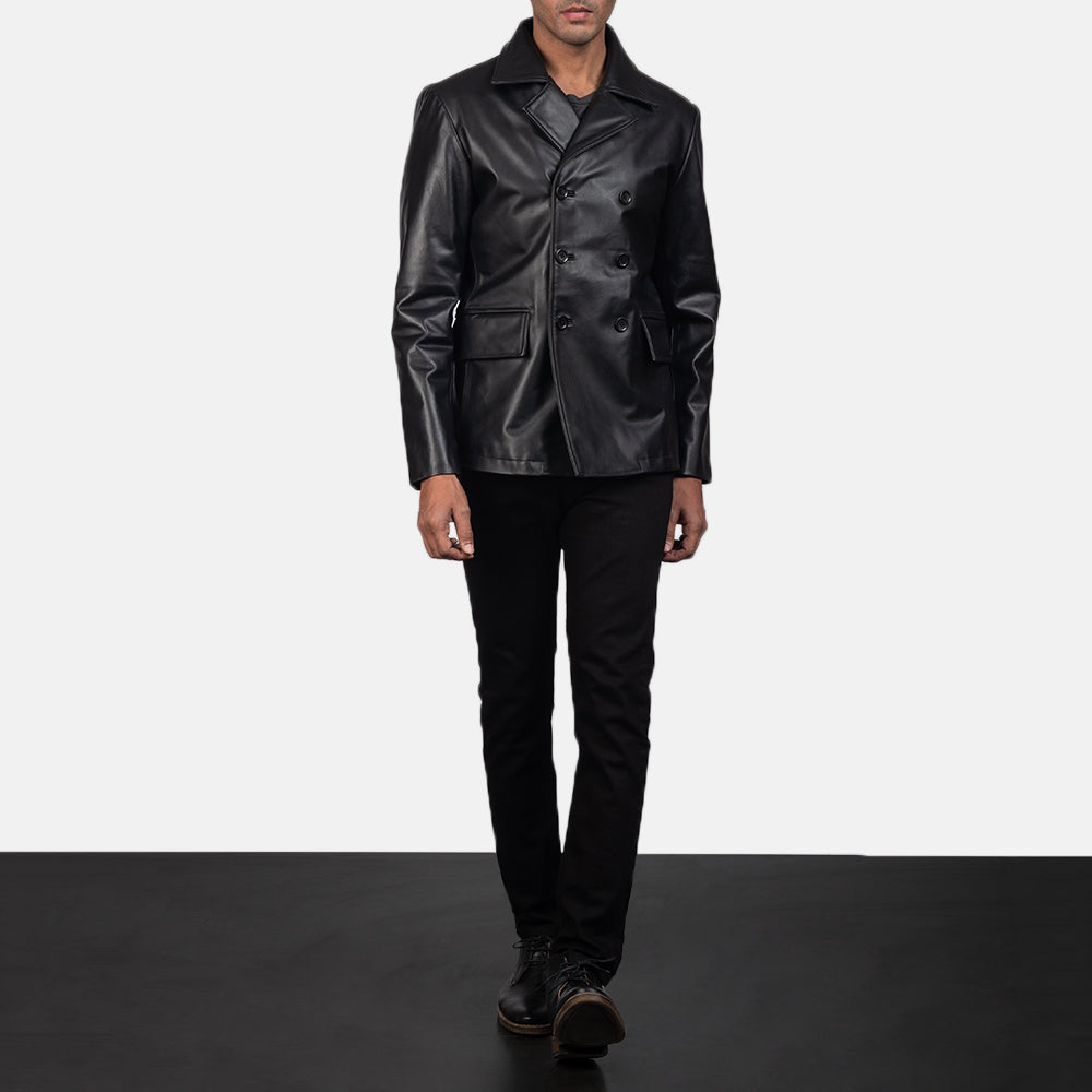 Men's Mr. Bailey Schwarz Leather Naval Peacoat für Herren - Seitenansicht mit ergonomischem Ärmelschnitt