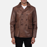Mr. Bailey Braun Leather Naval Peacoat für Herren in Brown Cowhide Leather - Vorderansicht &amp; maßgeschneiderte Silhouette | Online Kaufen