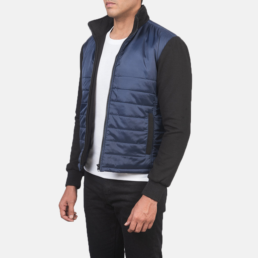 Blue &amp; Black Nylon (Torso) &amp;Amp; Knitted Fabric (Sleeves) Winter Jacket - Rückansicht mit passgenauen Schultern &amp; sauberem Saum