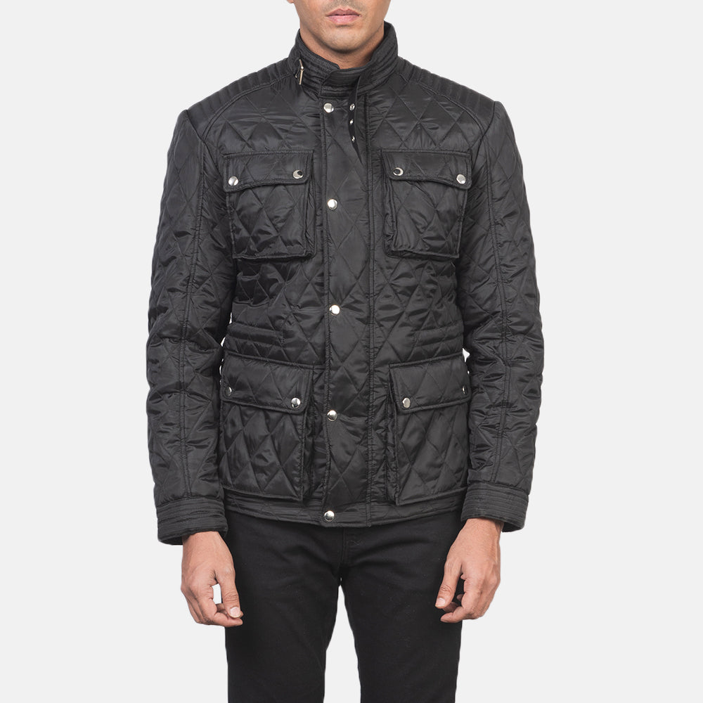 Detailansicht of Belted Band & Zipper with Front Button Flap Hardware on Nelson Quilted Black Windbreaker Jacket