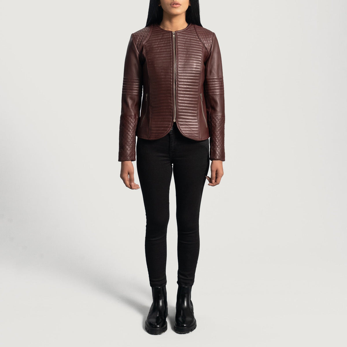 Detailansicht of Classic Collar &amp; Zipper Hardware on Women's Nexi Quilted Maroon Leather Jacket