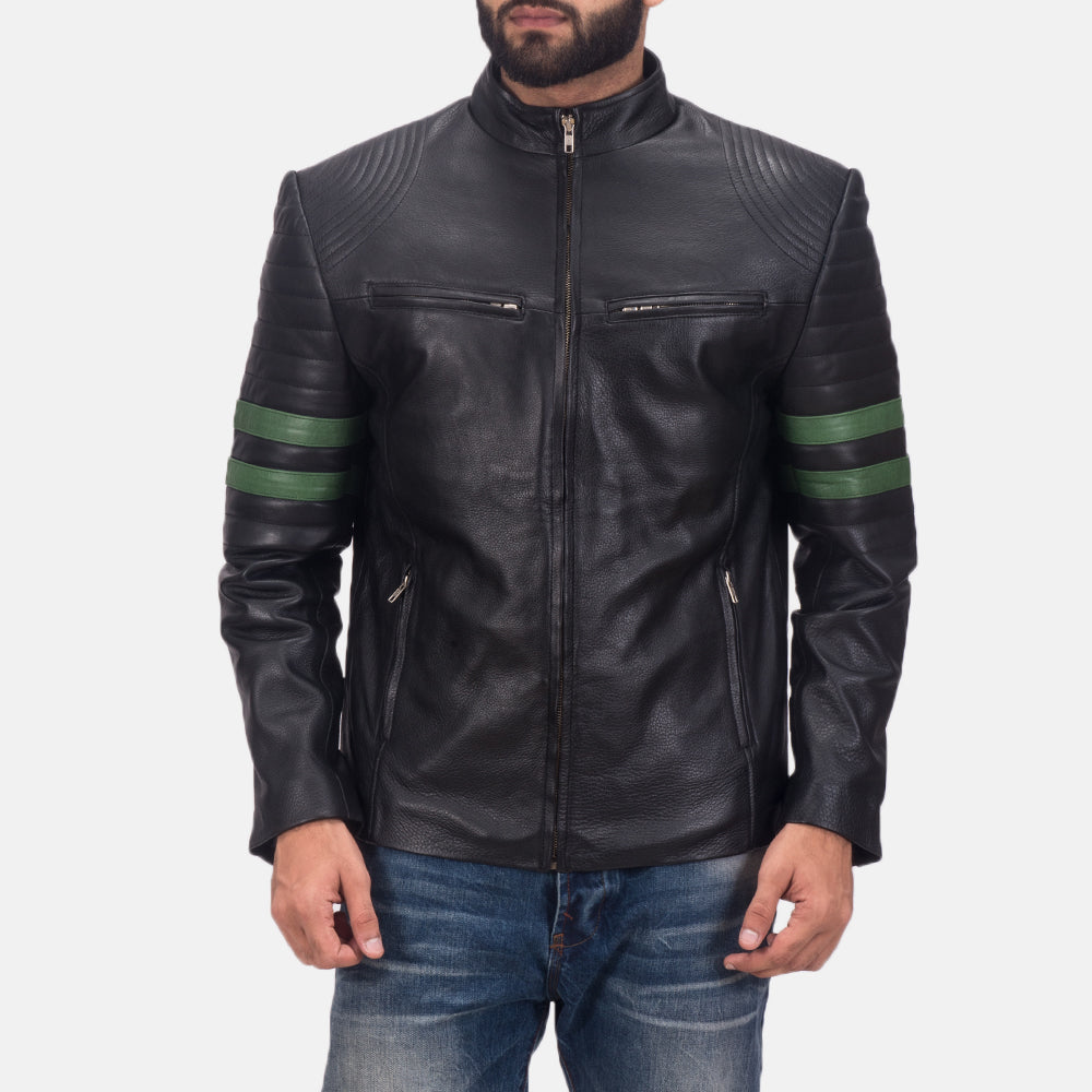 Night Trooper Lederjacke für Herren in Black Cowhide Leather - Vorderansicht &amp; maßgeschneiderte Silhouette | Online Kaufen