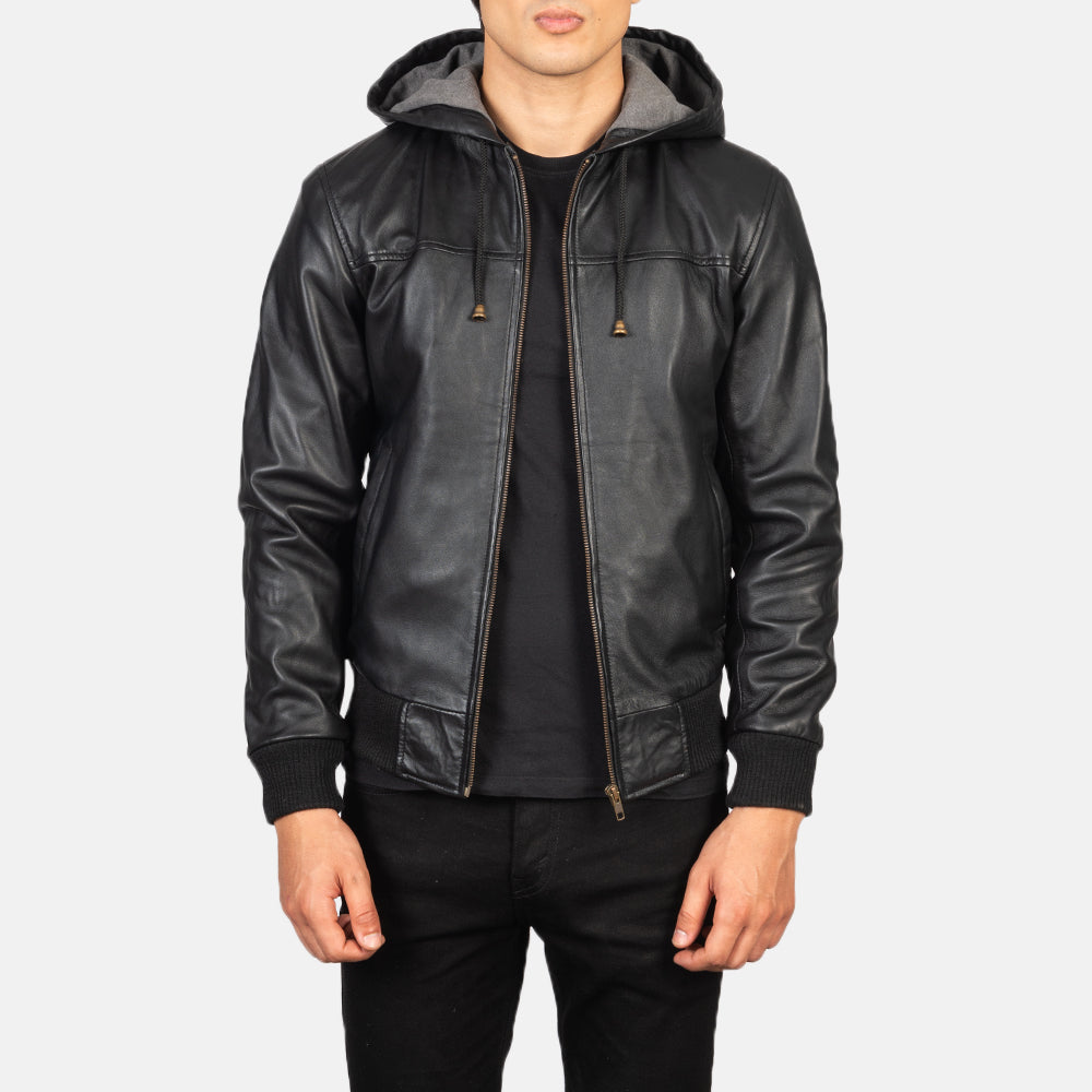 
Nintenzo Black Hooded Leather Jacket in Black Sheepskin Leather - Vorderansicht & maßgeschneiderte Silhouette | Online Kaufen