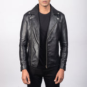 Men's Noah Black Leather Biker Jacket in Black Sheepskin Leather - Vorderansicht &amp; maßgeschneiderte Silhouette | Online Kaufen
