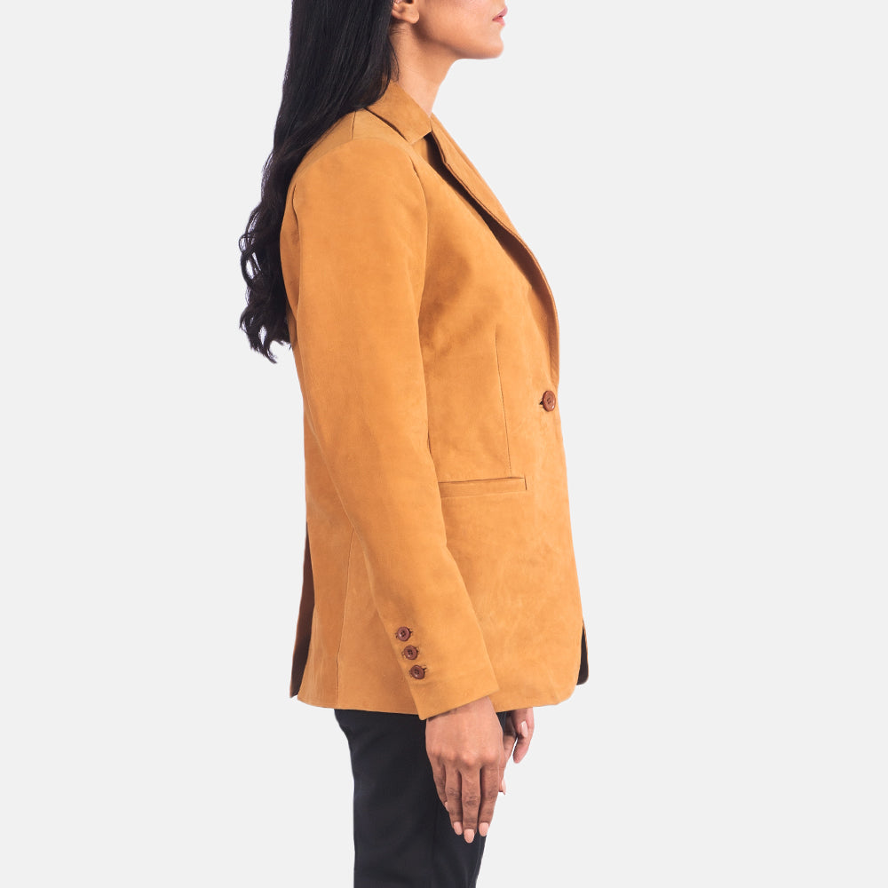 Brown Cowhide Nubuck Leather Blazer - Rückansicht mit passgenauen Schultern &amp; sauberem Saum