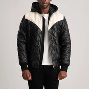 
Norman Tan Hooded Bomber Leather Puffer Jacket in Tan Brown Sheepskin Leather - Vorderansicht & maßgeschneiderte Silhouette | Online Kaufen