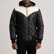 
Detailansicht of Hooded & Zipper Hardware on Norman Tan Hooded Bomber Leather Puffer Jacket