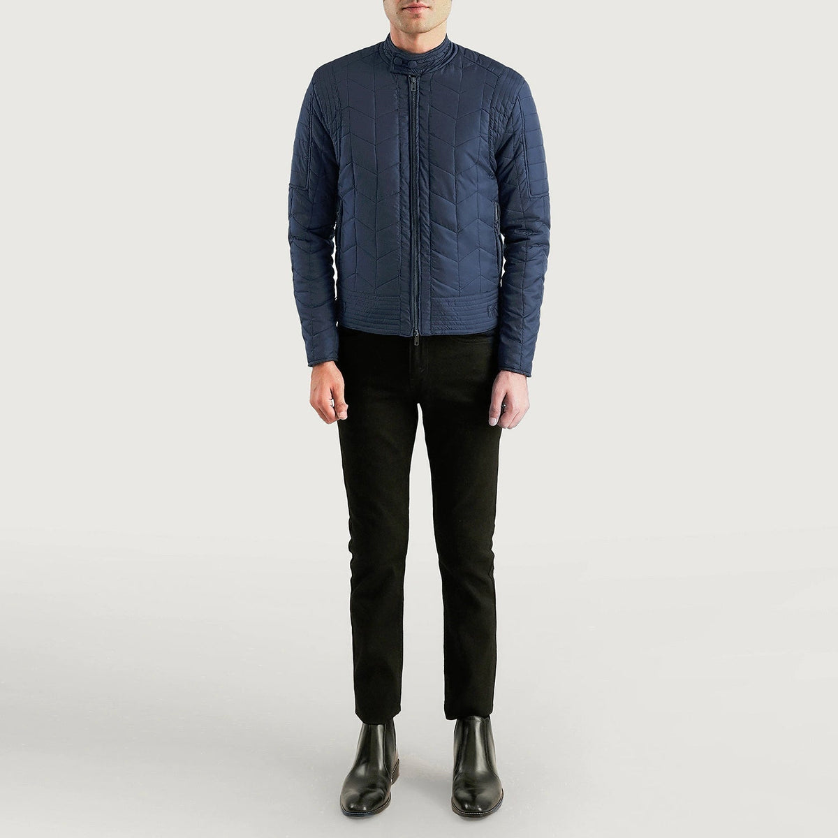 Detailansicht of Snap Button Band &amp; Zipper Hardware on Men's Nyle Gesteppt Windbreaker Lederjacke für Herren