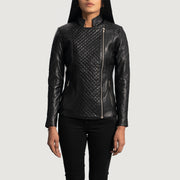 Women's Orient Grain Gesteppt Schwarz Leder-Bikerjacke für Damen in Black Sheepskin Leather - Vorderansicht &amp; maßgeschneiderte Silhouette | Online Kaufen