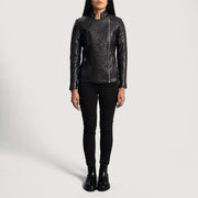 Detailansicht of Band &amp; Zipper Hardware on Women's Orient Grain Gesteppt Schwarz Leder-Bikerjacke für Damen