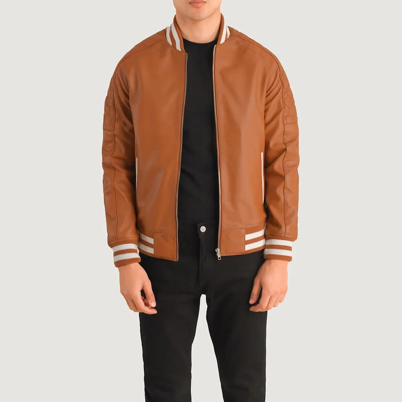Pascal Hellbraun Braun Leather Varsity Lederjacke für Herren