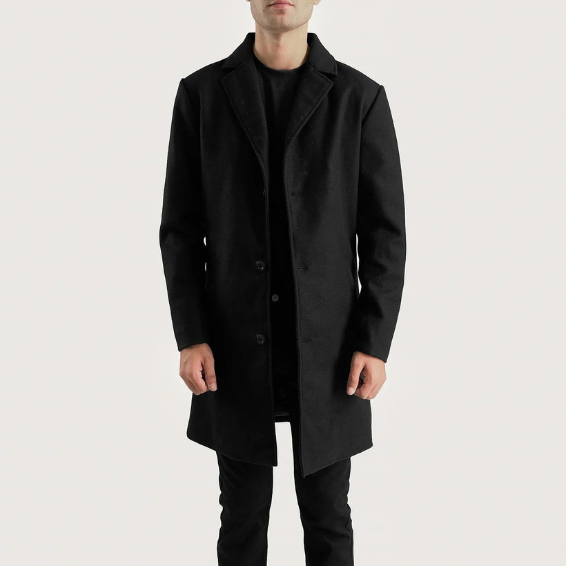 Petrillo Schwarz Wool Single Breasted Ledermantel für Herren