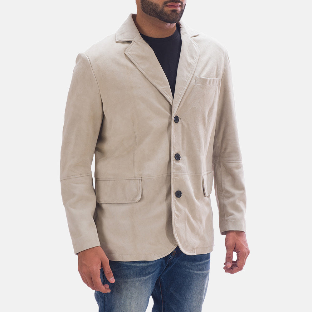 
Off White (Greyish) Goatskin Suede Leather Blazer - Rückansicht mit passgenauen Schultern & sauberem Saum