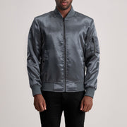 Quinton MA-1 Grau Leder-Bomberjacke für Herren in Grey Satin - Vorderansicht &amp; maßgeschneiderte Silhouette | Online Kaufen
