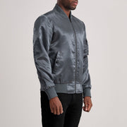 Grey Satin Bomber Jacket - Rückansicht mit passgenauen Schultern &amp; sauberem Saum