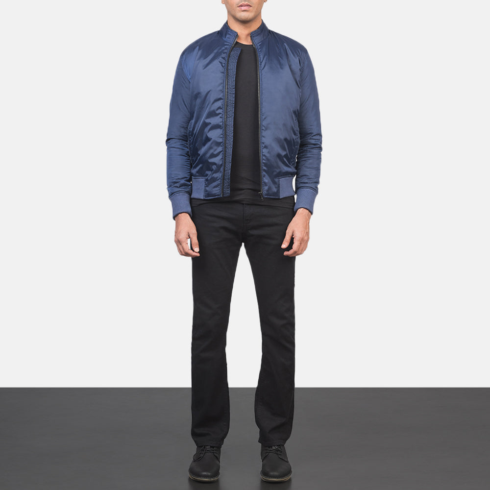 Men's Ramon Blau Leder-Bomberjacke für Herren - Seitenansicht mit ergonomischem Ärmelschnitt