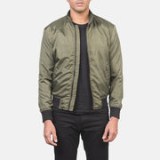 Men's Ramon Grün Leder-Bomberjacke für Herren in Green Nylon - Vorderansicht &amp; maßgeschneiderte Silhouette | Online Kaufen