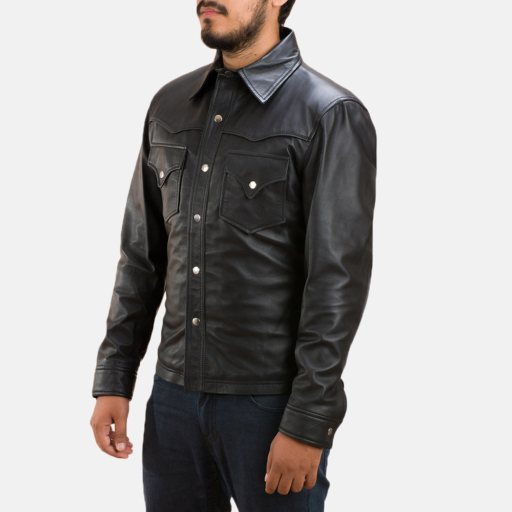 Men's Ranchson Schwarz Leather Shirt für Herren - Seitenansicht mit ergonomischem Ärmelschnitt