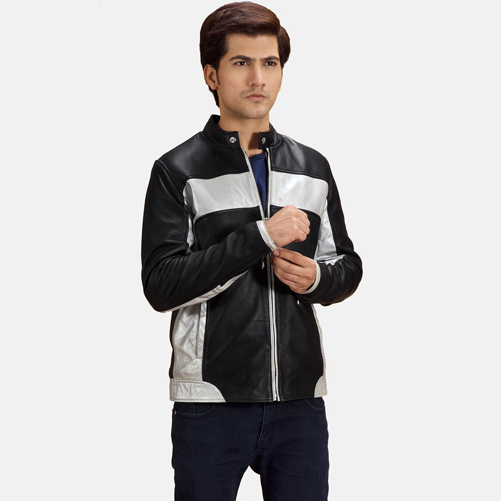 Randolf Silver Schwarz Leder-Bikerjacke für Herren in Black &amp; silver Sheepskin Leather - Vorderansicht &amp; maßgeschneiderte Silhouette | Online Kaufen