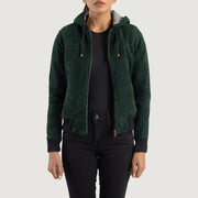 
Rebella Green Hooded Suede Bomber Jacket in Green Goatskin Suede - Vorderansicht & maßgeschneiderte Silhouette | Online Kaufen