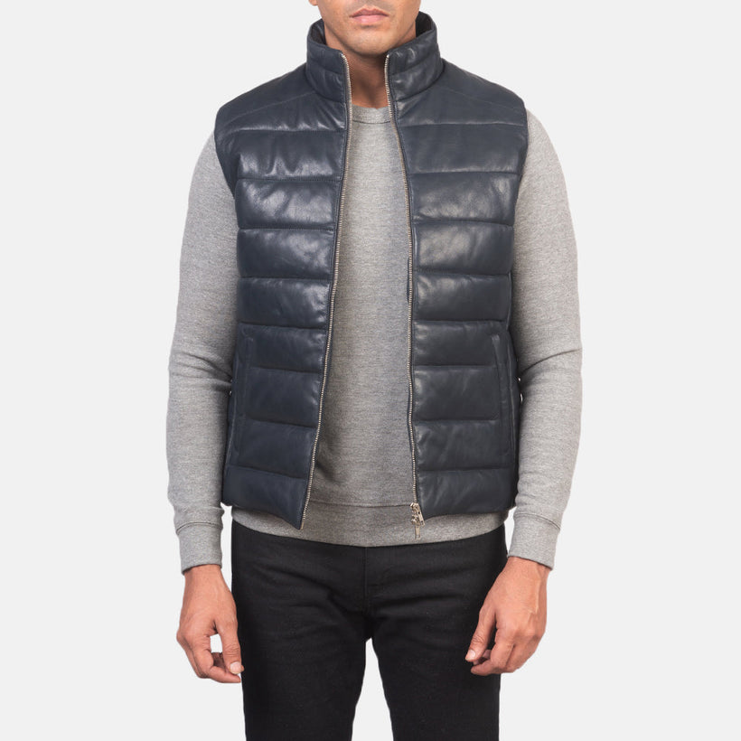 Men's Reeves Blue Leather Puffer Vest in Blue Sheepskin Leather - Front Profile View & Tailored Silhouette | Buy Online