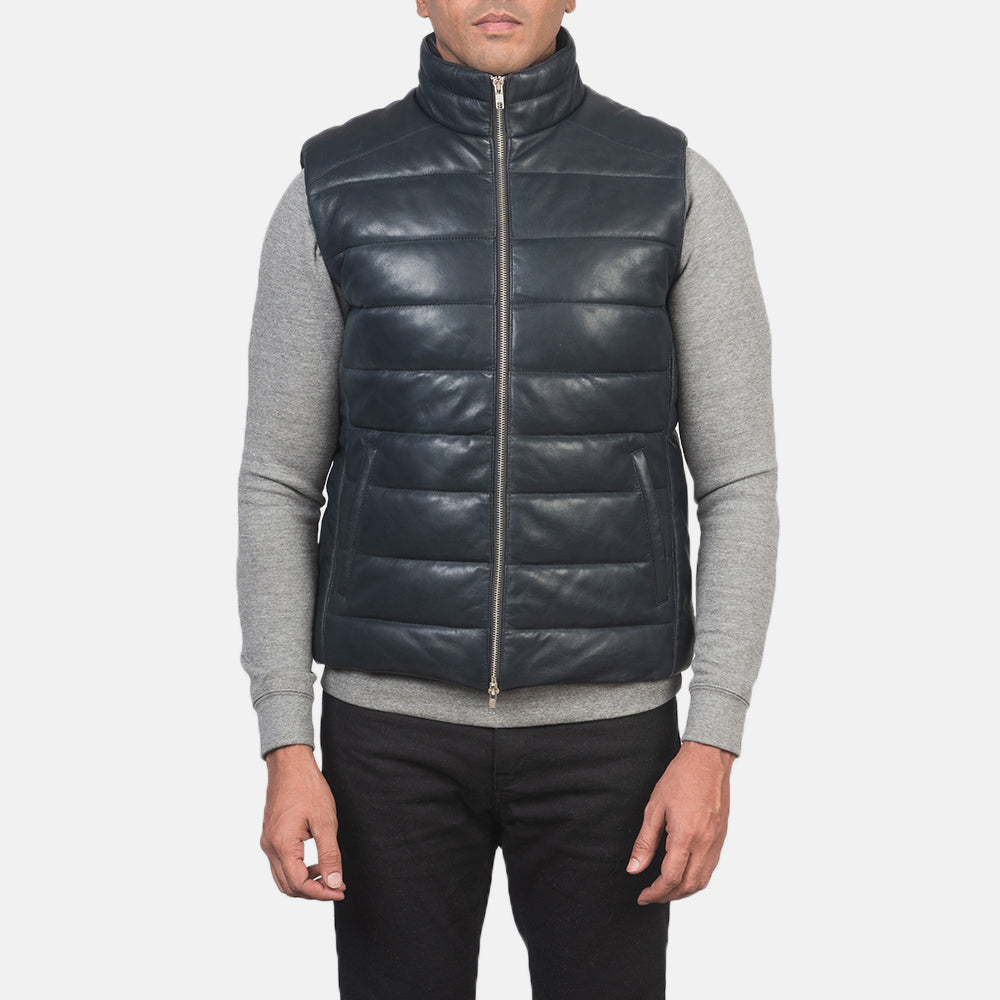 Detailansicht of Classic Collar &amp; Zipper with Dual Puller Hardware on Men's Reeves Blau Leather Puffer Vest für Herren