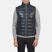 Detailansicht of Classic Collar &amp; Zipper with Dual Puller Hardware on Men's Reeves Blau Leather Puffer Vest für Herren