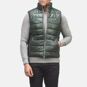 
Detailansicht of Classic Collar & Zipper with Dual Puller Hardware on Reeves Grün Leather Steppweste für Herren