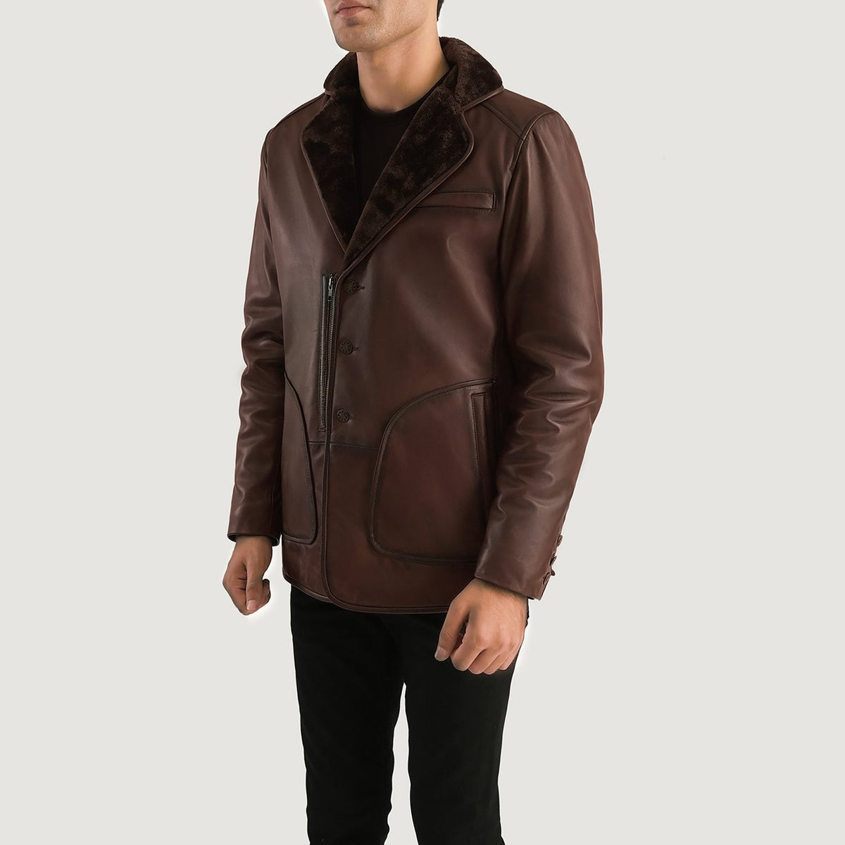 Distressed Brown Sheepskin Burnishing Aviator Jacket - Rückansicht mit passgenauen Schultern &amp; sauberem Saum