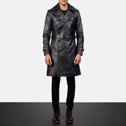 Men's Royson Schwarz Leather Duster Ledermantel für Herren in Black Cowhide Leather - Vorderansicht &amp; maßgeschneiderte Silhouette | Online Kaufen