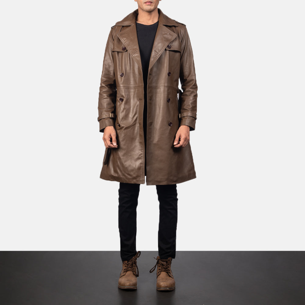 
Detailansicht of Shirt & Heavy-Duty Zipper Hardware on Royson Braun Leather Duster Ledermantel für Herren