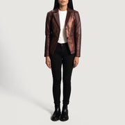 Detailansicht of Notch &amp; Button Hardware on Women's Ruby Metallic Kastanienbraun Lederblazer für Damen