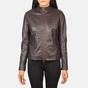 Detailansicht of Mandarin &amp; Zipper with Dual Puller Hardware on Women's Rumella Maroon Leather Biker Jacket