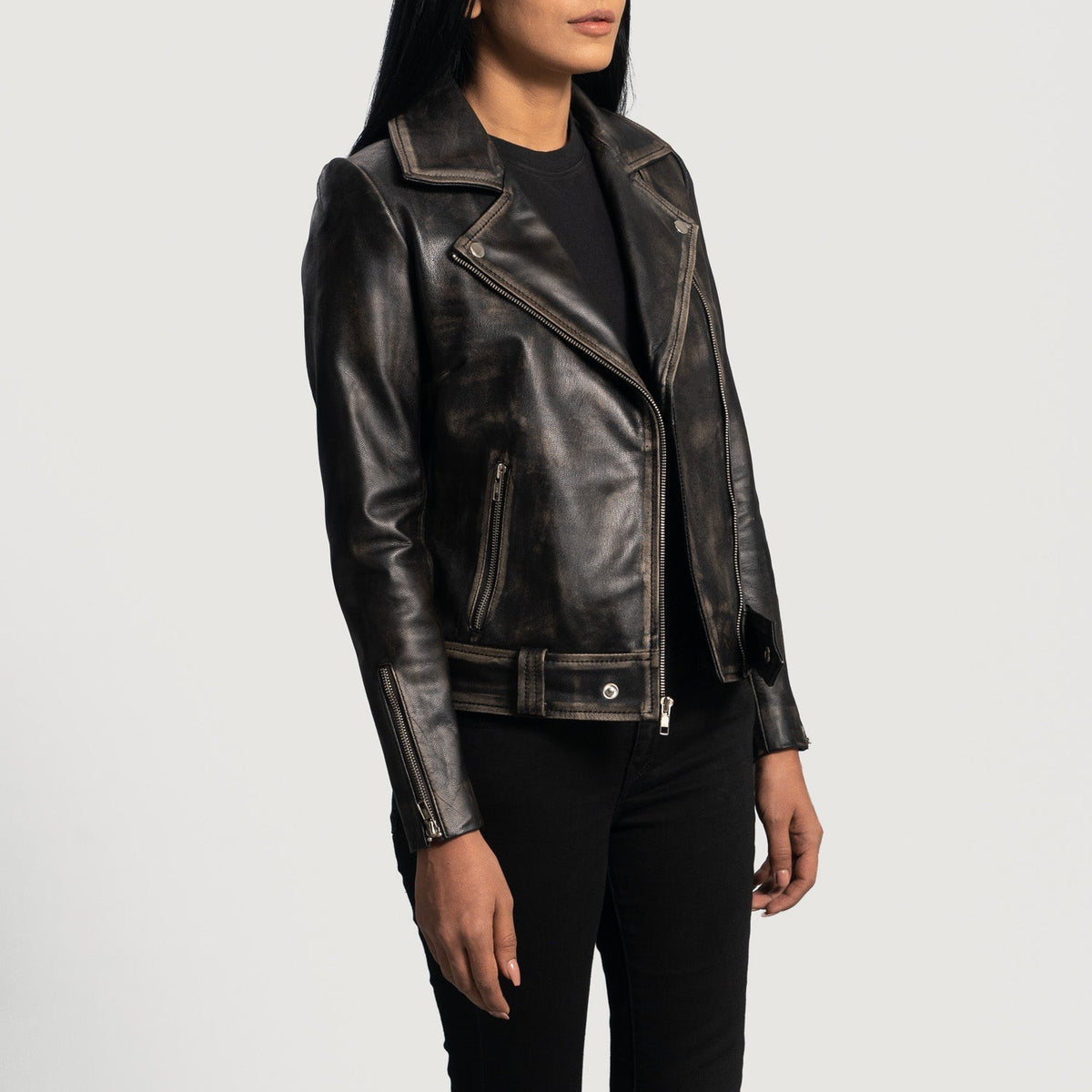 Rumy Kastanienbraun Leder-Bikerjacke für Damen – Zusätzliche Produktansicht 2