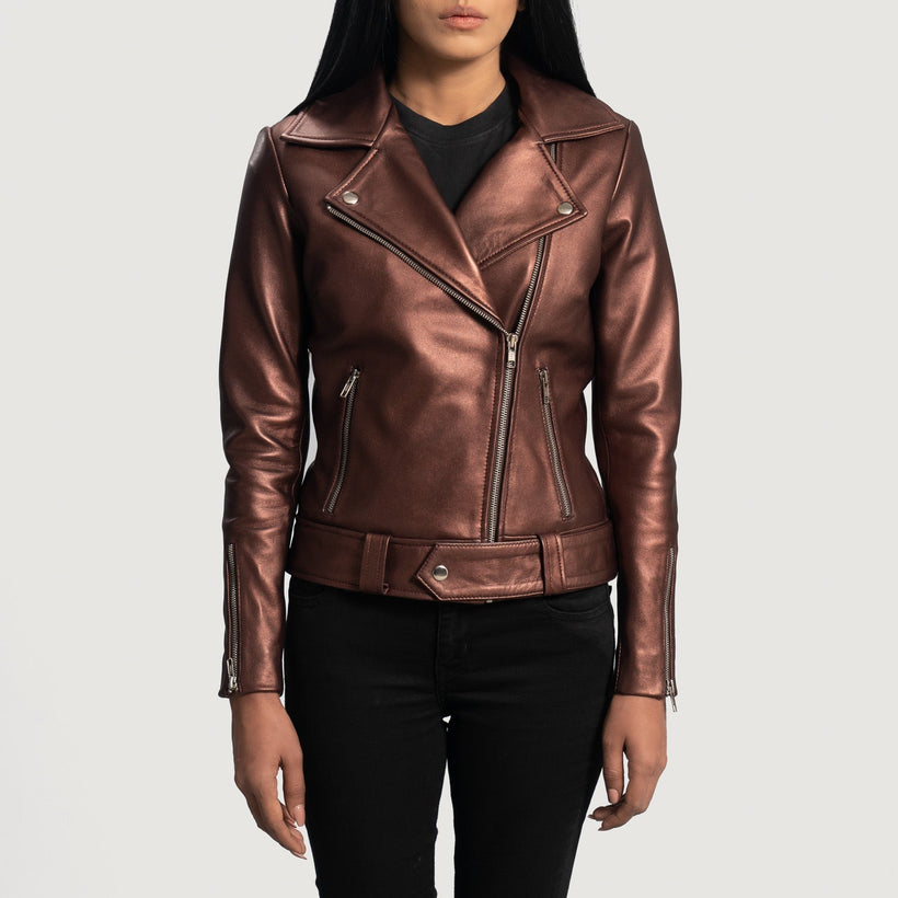 Rumy Kastanienbraun Leder-Bikerjacke für Damen