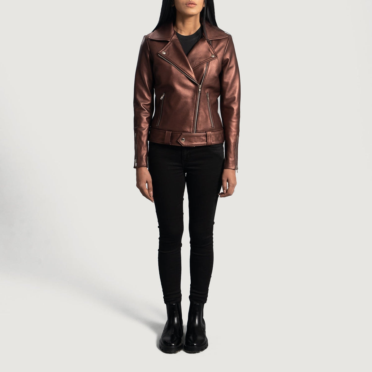 Detailansicht of Notch &amp; Zipper Hardware on Women's Rumy Maroon Leather Biker Jacket