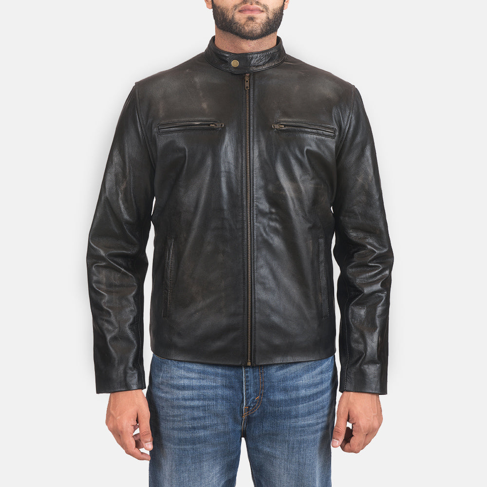 Rustic Black Leather Biker Jacket in Distressed Black Cowhide Leather - Vorderansicht &amp; maßgeschneiderte Silhouette | Online Kaufen