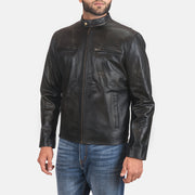 Distressed Black Cowhide Leather Biker Jacket - Rückansicht mit passgenauen Schultern &amp; sauberem Saum