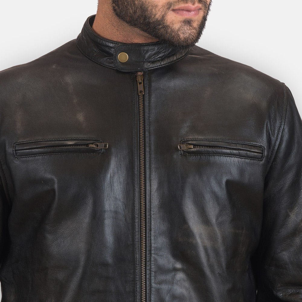 Detailansicht of Band with snap button &amp; Zipper Hardware on Rustic Black Leather Biker Jacket