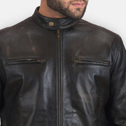 Detailansicht of Band with snap button &amp; Zipper Hardware on Rustic Black Leather Biker Jacket