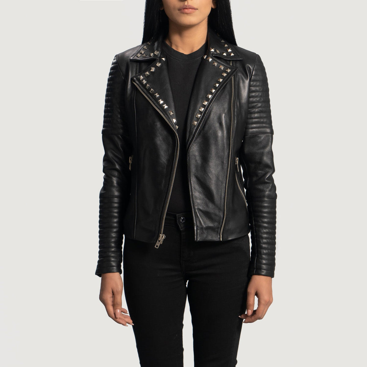 Women's Sally Mae Studded Black Leather Biker Jacket - Lateral Side Profile View Showing Sleeve Cut & Athletic Taper Fit