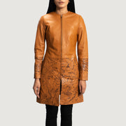 Women's Sandy Hellbraun Dye Ledermantel für Damen in Tan Brown Sheepskin Dip &amp;Amp; Dye - Vorderansicht &amp; maßgeschneiderte Silhouette | Online Kaufen