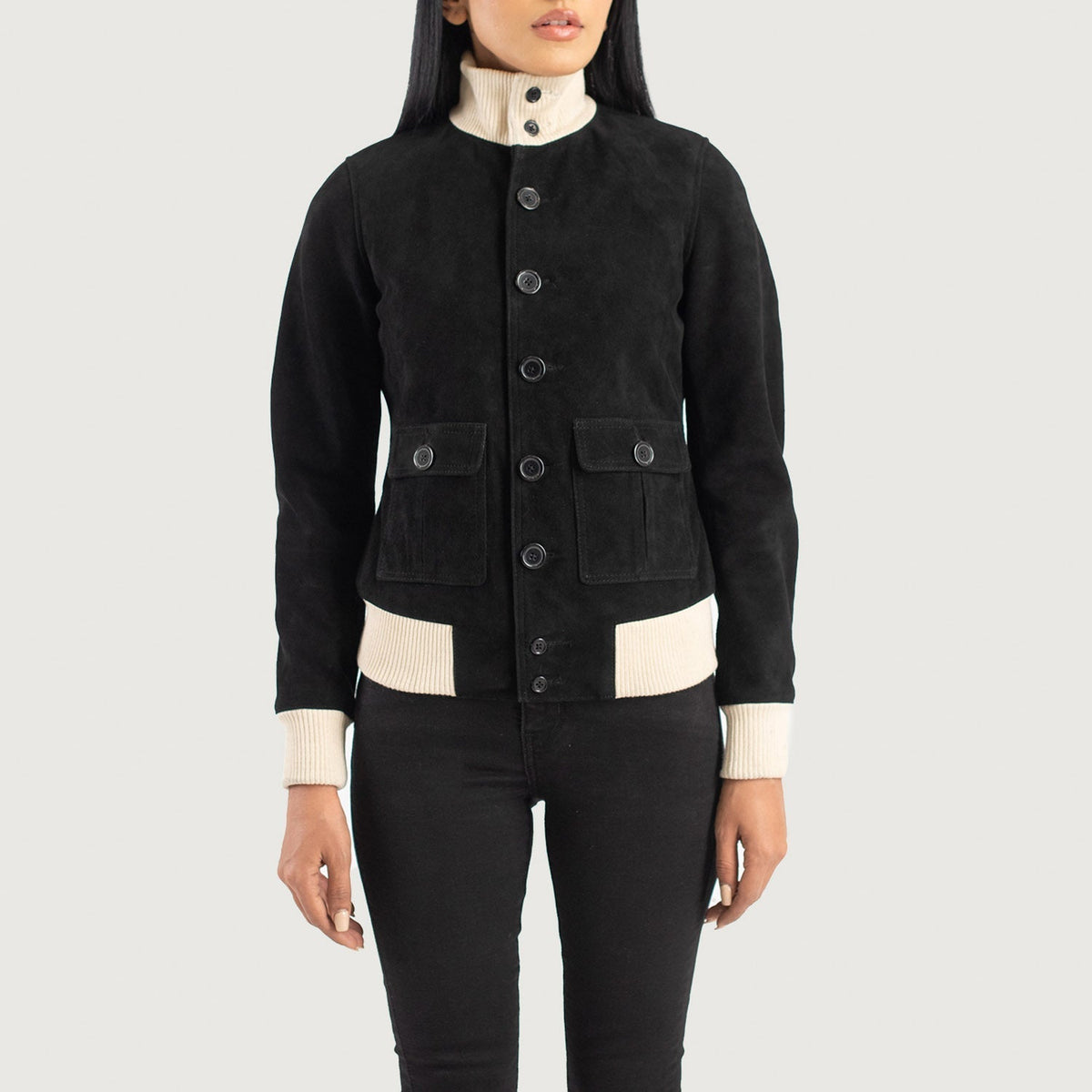 
Detailansicht of Knit Rib & Buttons Hardware on Sasha A1 Black Suede Bomber Jacket