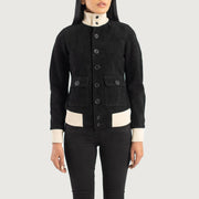 
Detailansicht of Knit Rib & Buttons Hardware on Sasha A1 Black Suede Bomber Jacket
