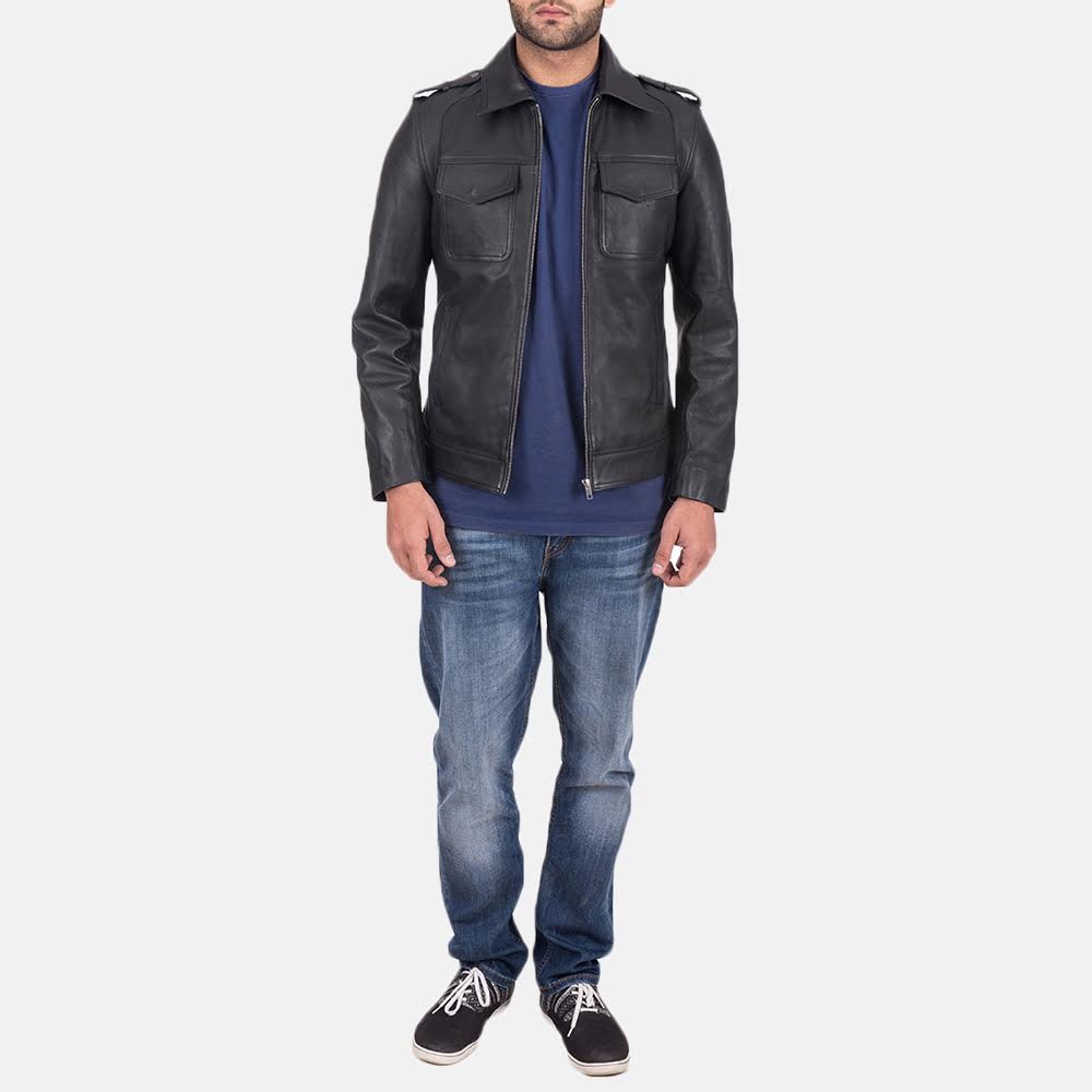 Detailansicht of Shirt &amp; Zipper Hardware on Sergeant Schwarz Lederjacke für Herren