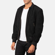 Black Goatskin Suede Bomber Jacket - Rückansicht mit passgenauen Schultern &amp; sauberem Saum