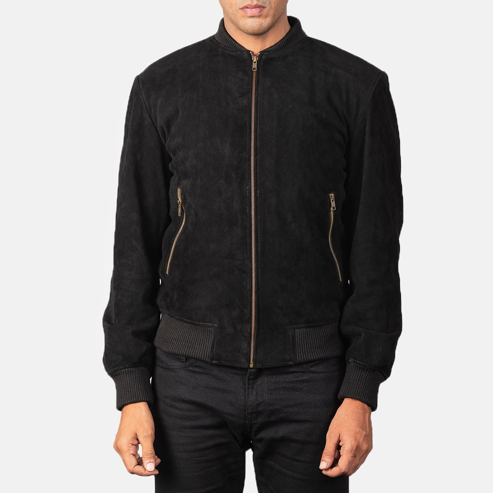 Detailansicht of Varsity &amp; Zipper Hardware on Men's Shane Schwarz Suede Leder-Bomberjacke für Herren